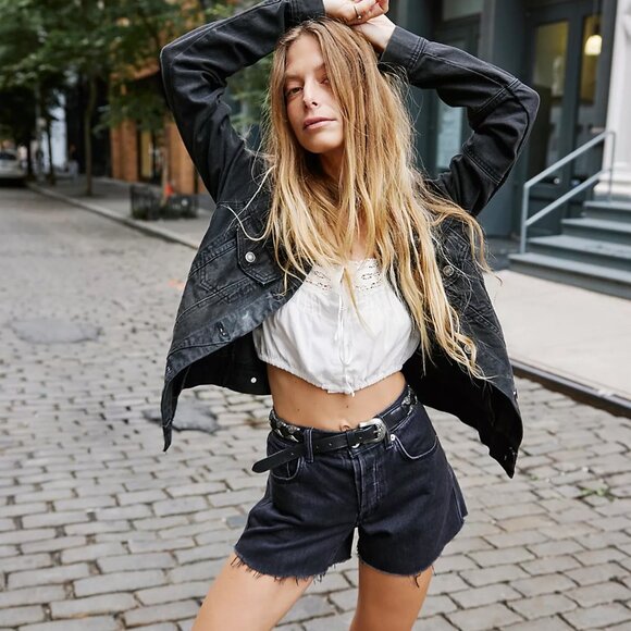 Free People Rumors Denim Jacket in Black Size Large Gently Used Boho - Picture 1 of 8